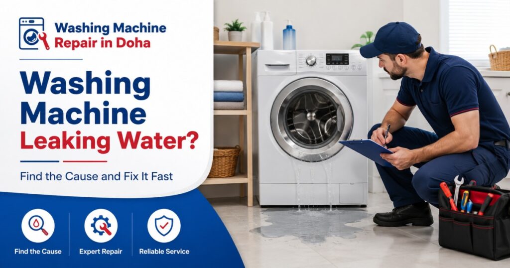 Technician diagnosing a washing machine leaking water in Doha